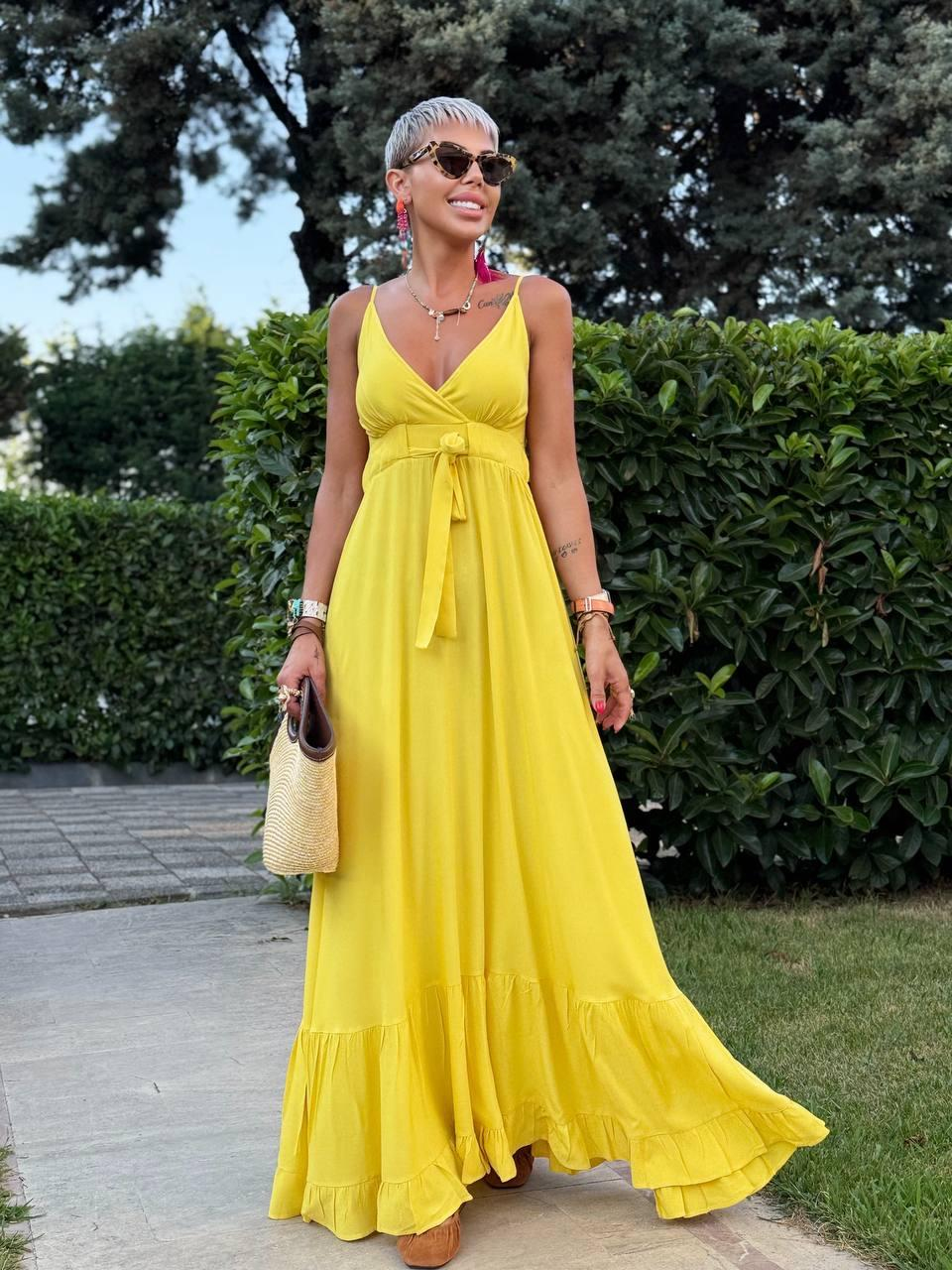 SARI DÜZ DESEN ASKILI ELBİSE