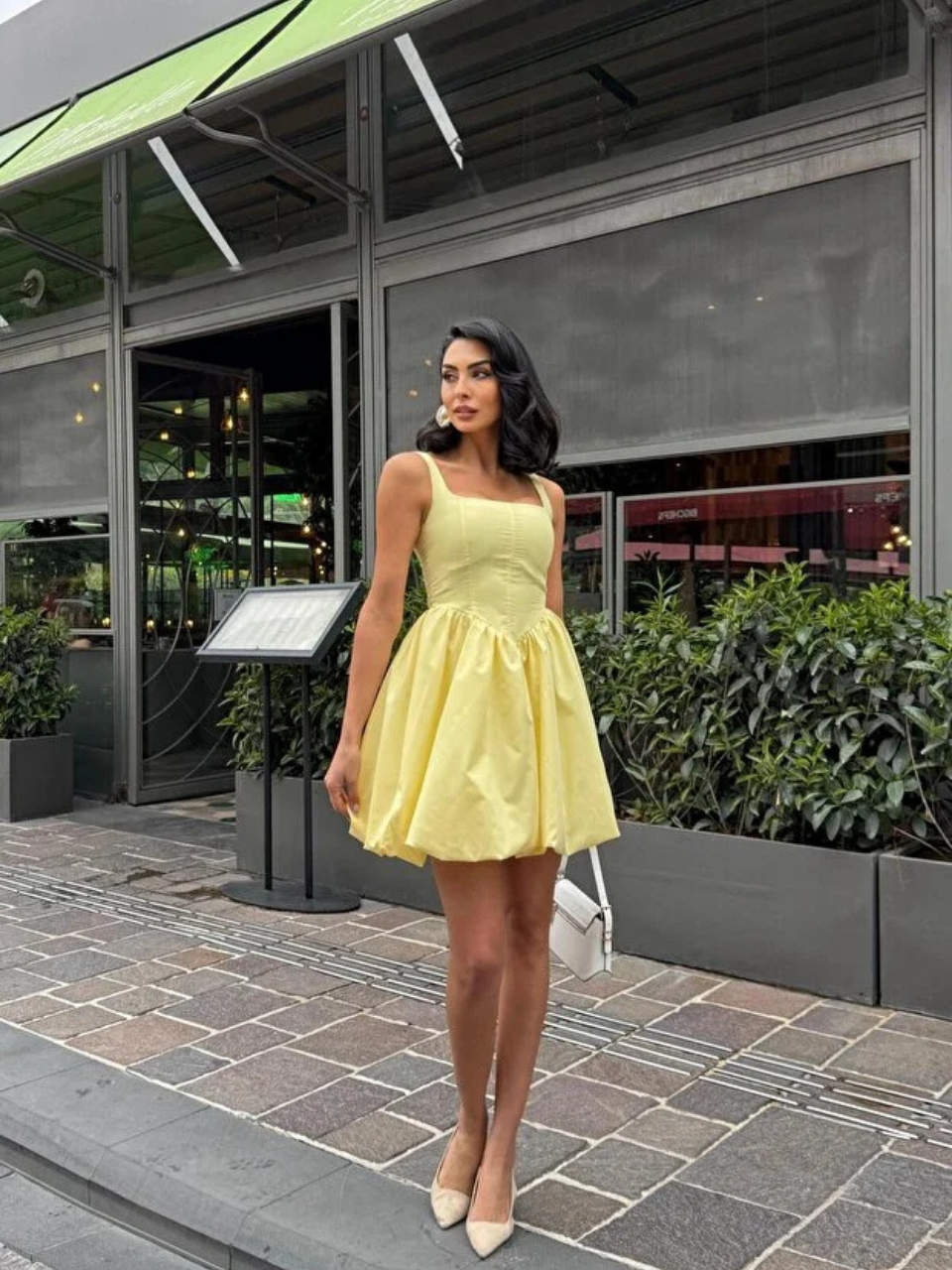 SARI POPLİN BALON ETEK MİNİ ELBİSE
