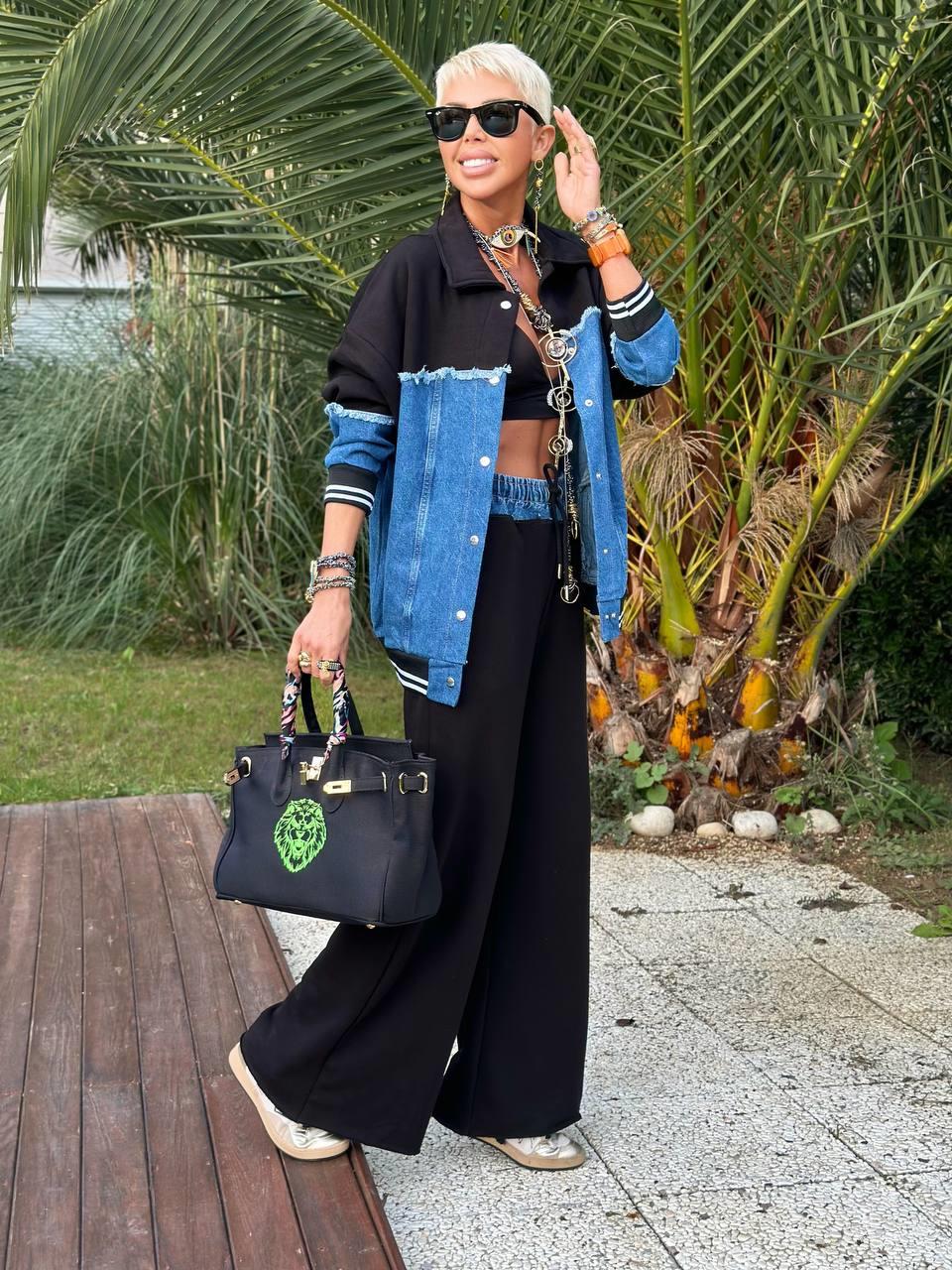 SİYAH BELİ DENIM DETAY PALAZZO PANTOLON 