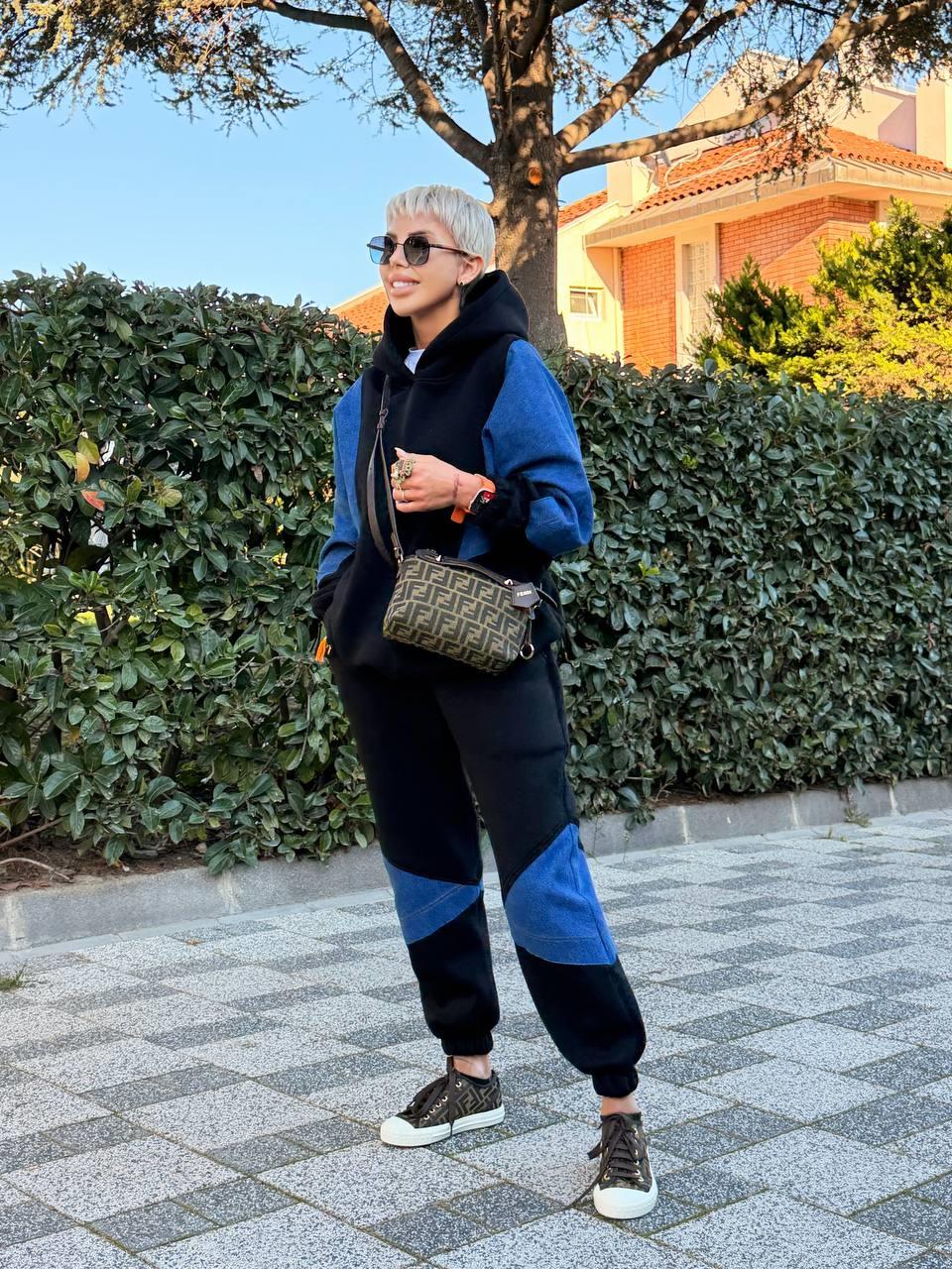 SİYAH DENIM DETAY HOODIE JOGGER TAKIM