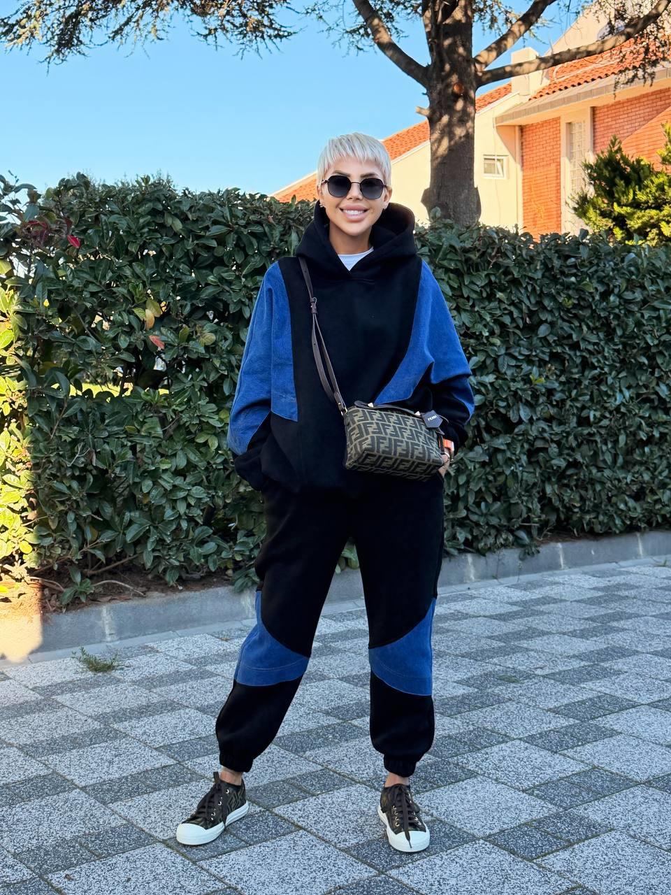 SİYAH DENIM DETAY HOODIE JOGGER TAKIM