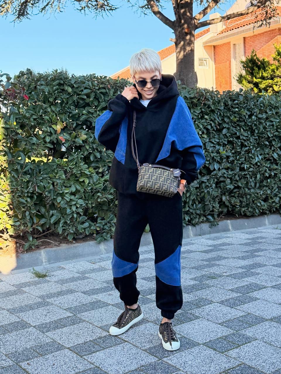 SİYAH DENIM DETAY HOODIE JOGGER TAKIM