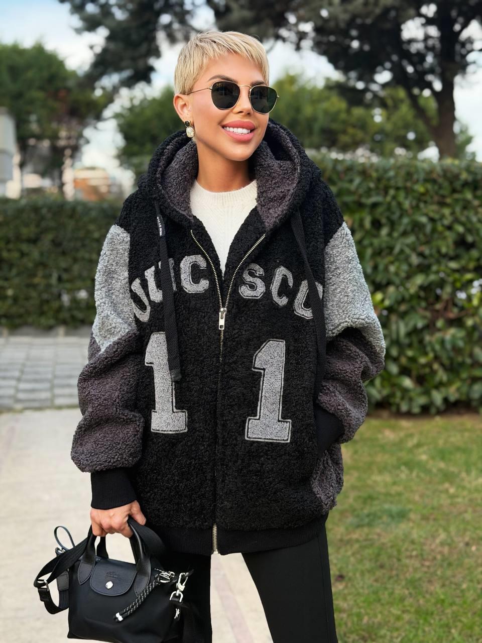 SİYAH KAPÜŞONLU COLLAGE TEDDY MONT
