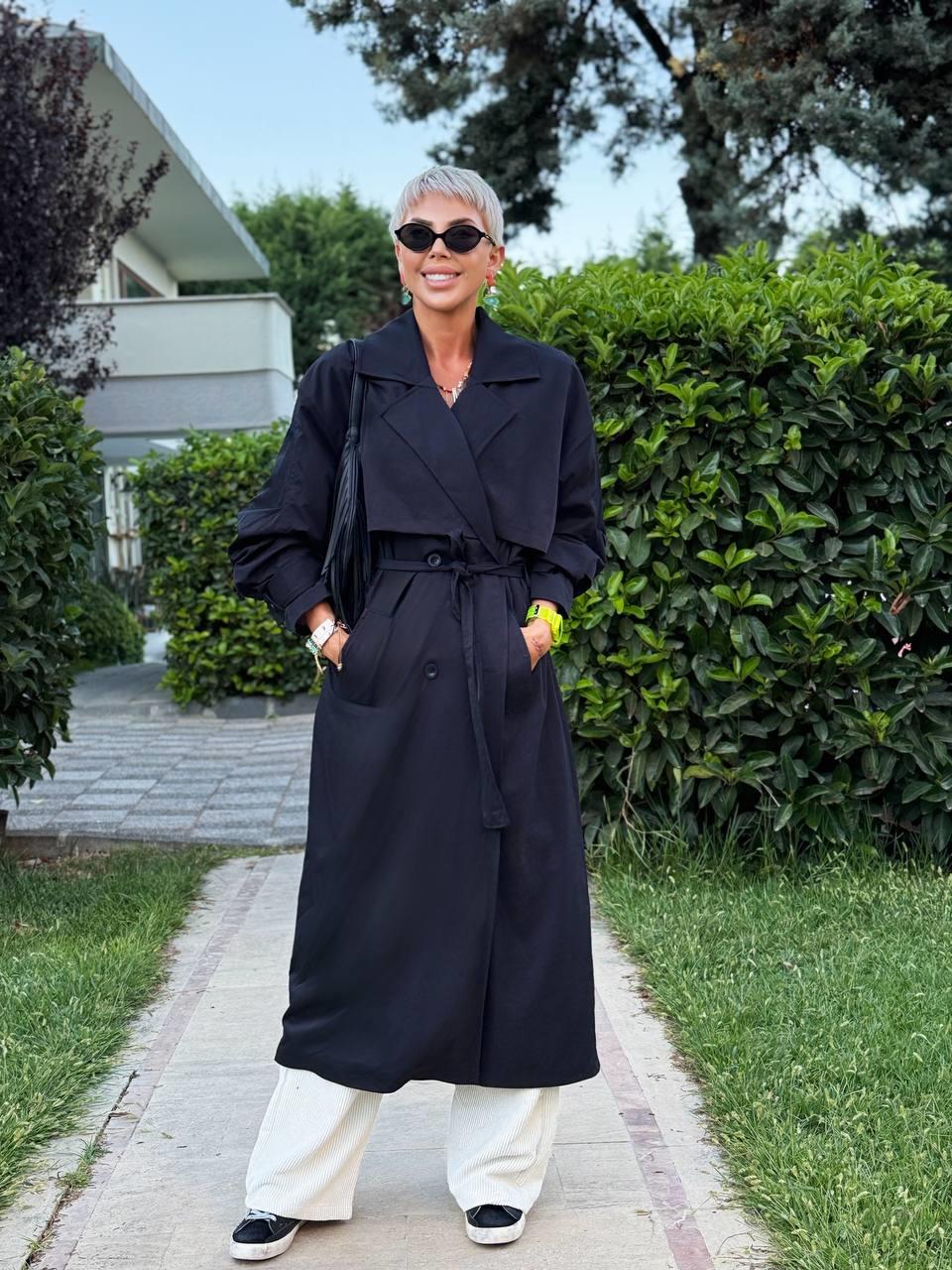 SİYAH OVERSIZE ASTARLI TRENÇ