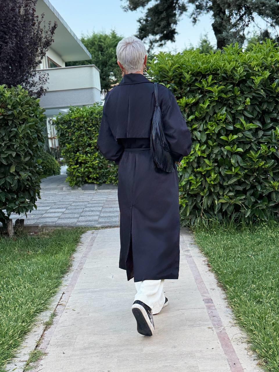 SİYAH OVERSIZE ASTARLI TRENÇ