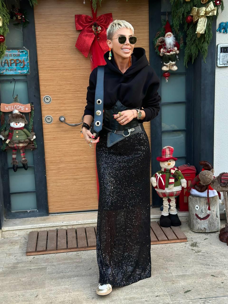 SİYAH PAYETLİ MAXI ETEK