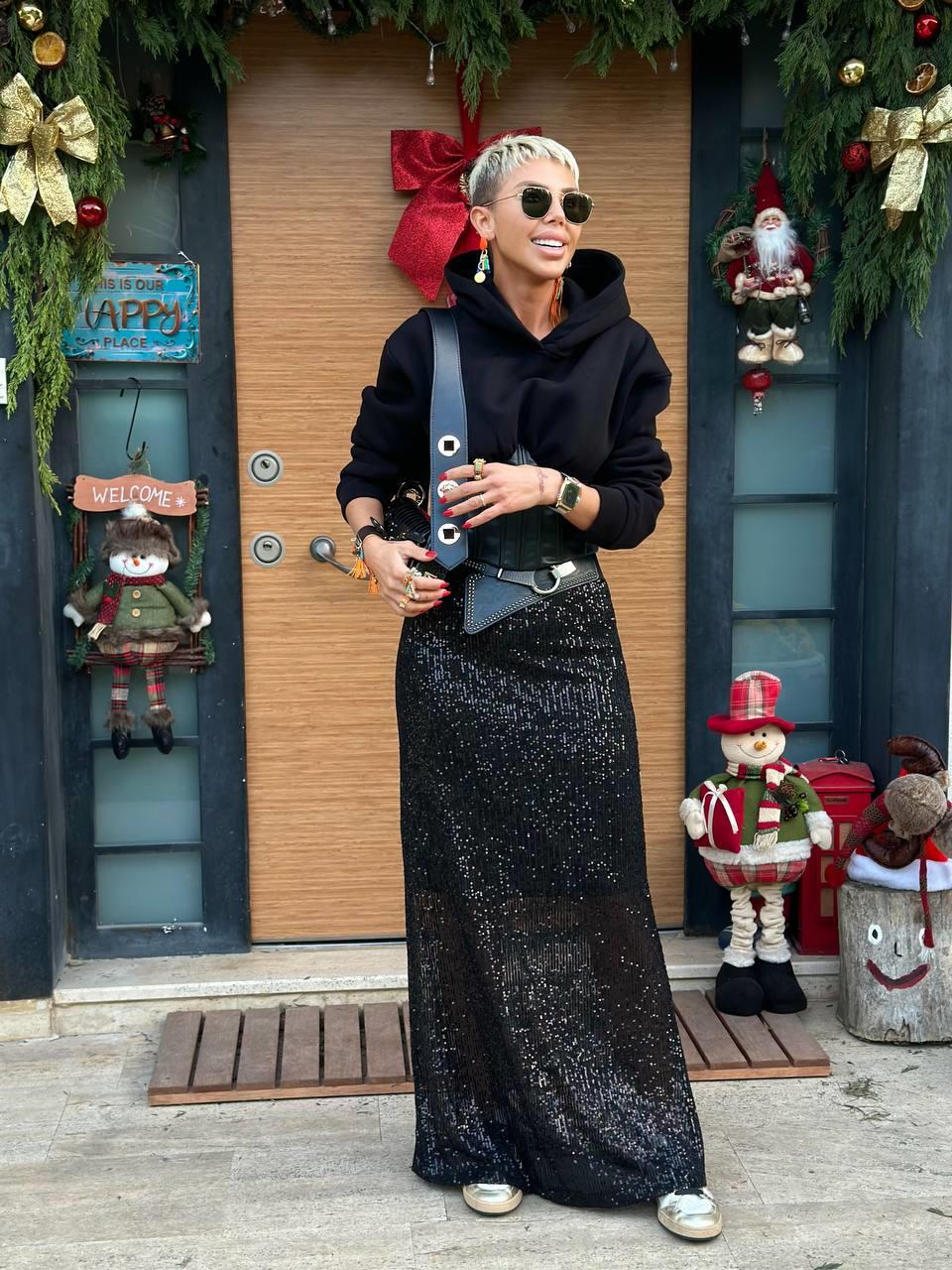 SİYAH PAYETLİ MAXI ETEK