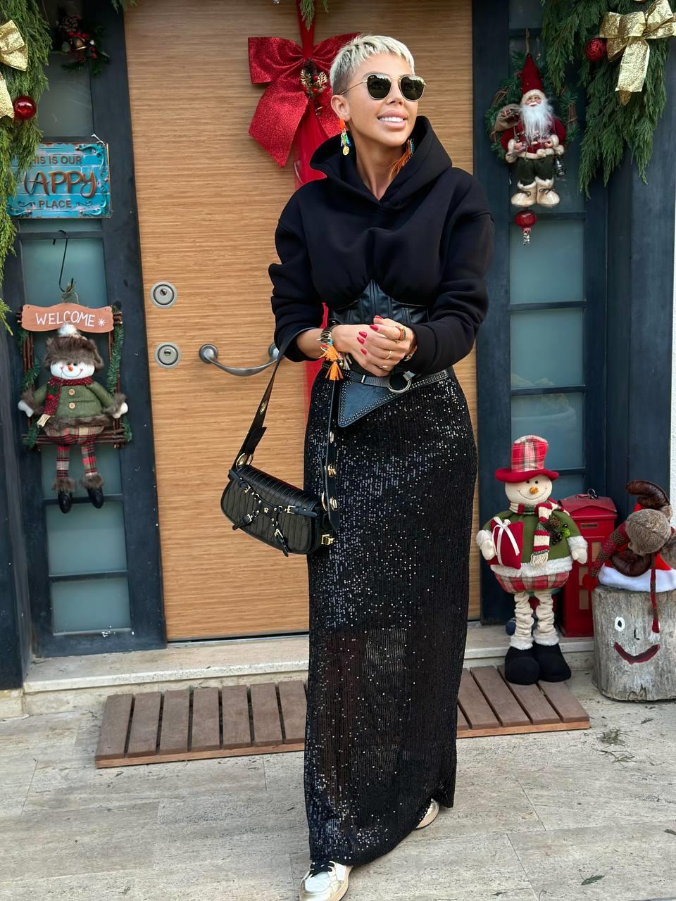 SİYAH PAYETLİ MAXI ETEK