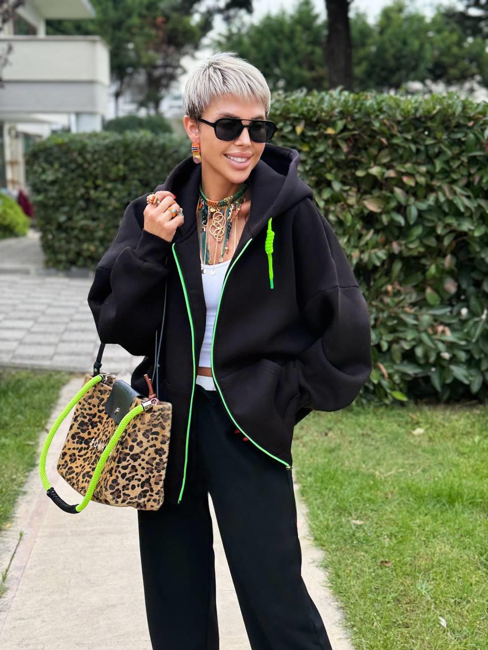 SİYAH S.STUDIO NEON FERMUARLI OVERSIZE HOODIE
