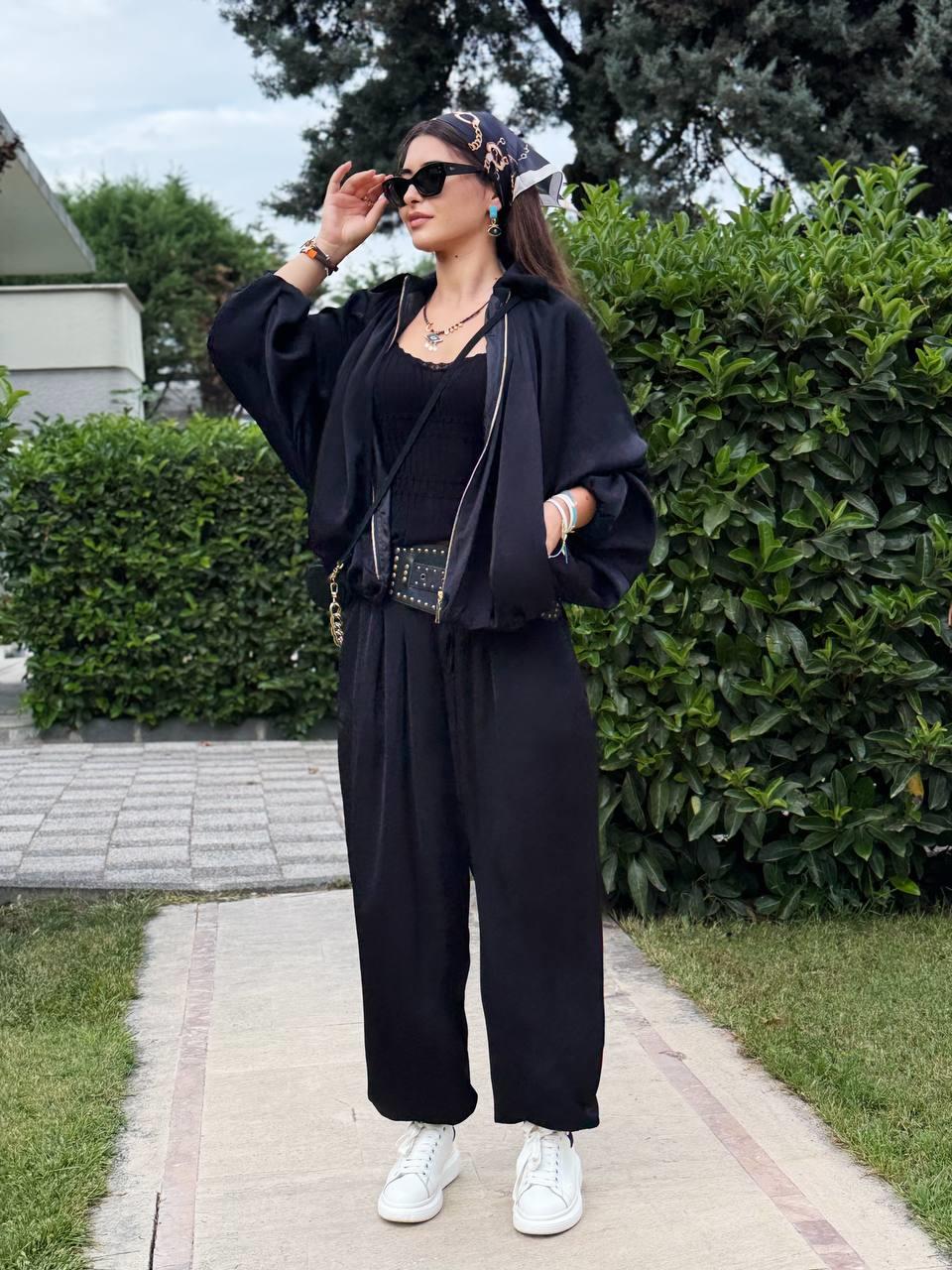 BLACK SATIN SET WITH HAREM PANTS