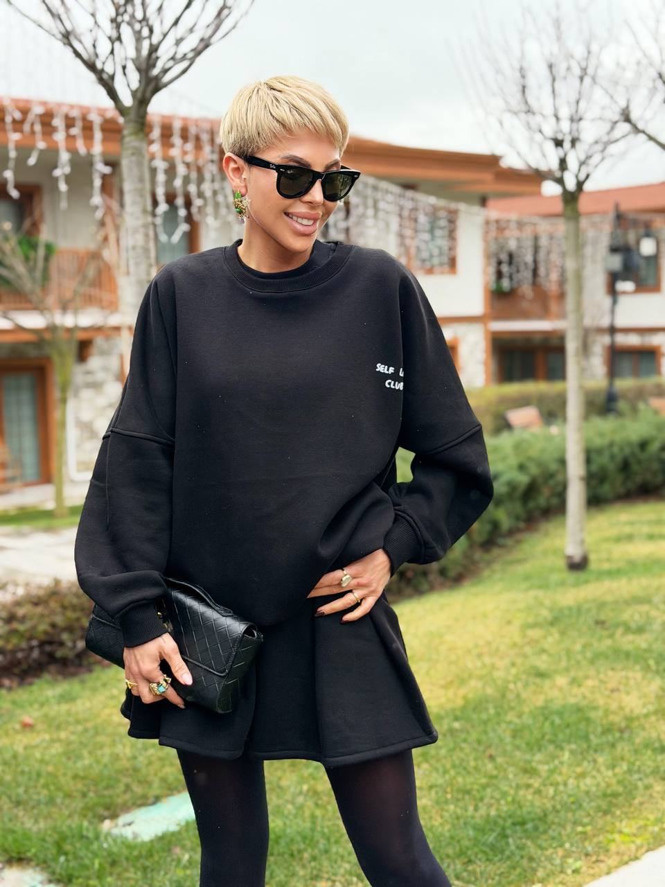 SİYAH SELF LOVE SWEATSHIRT ETEK TAKIM