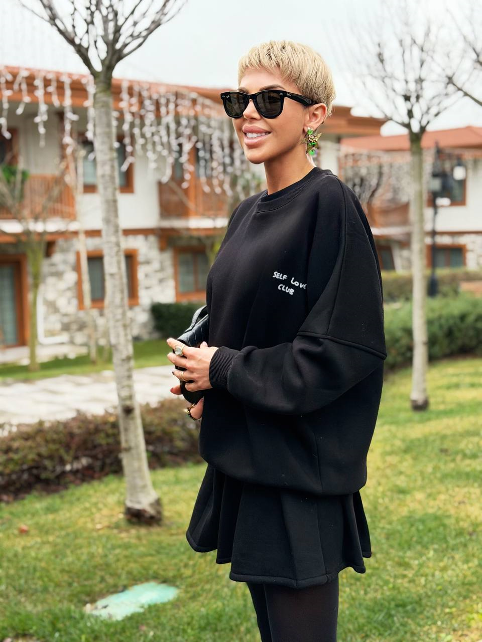 SİYAH SELF LOVE SWEATSHIRT ETEK TAKIM