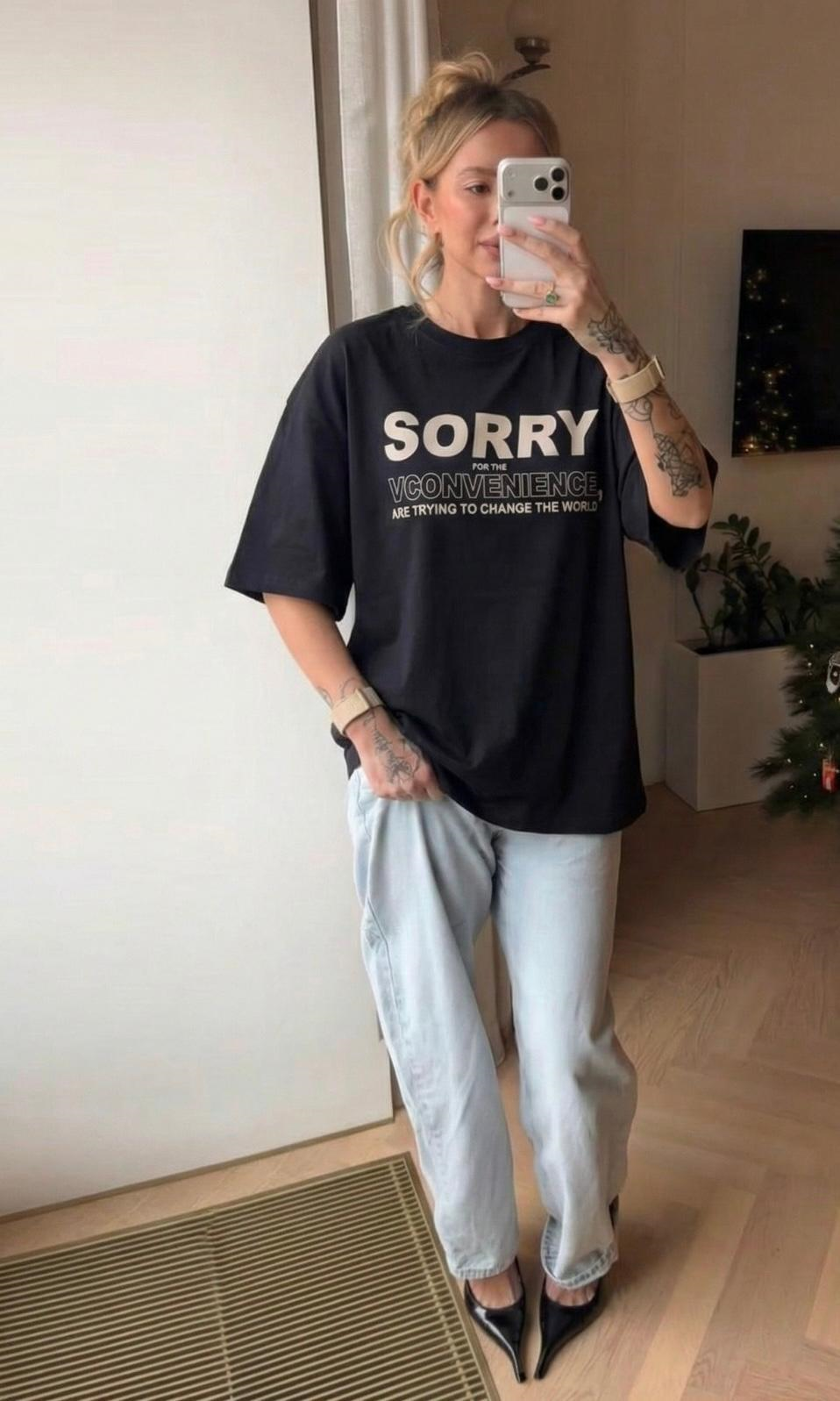 SİYAH SORRY YAZILI TSHIRT 