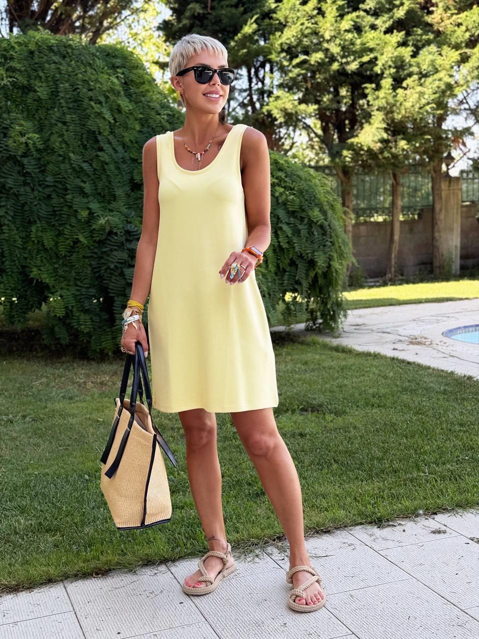 SOFT SARI KOLSUZ MODAL ELBİSE
