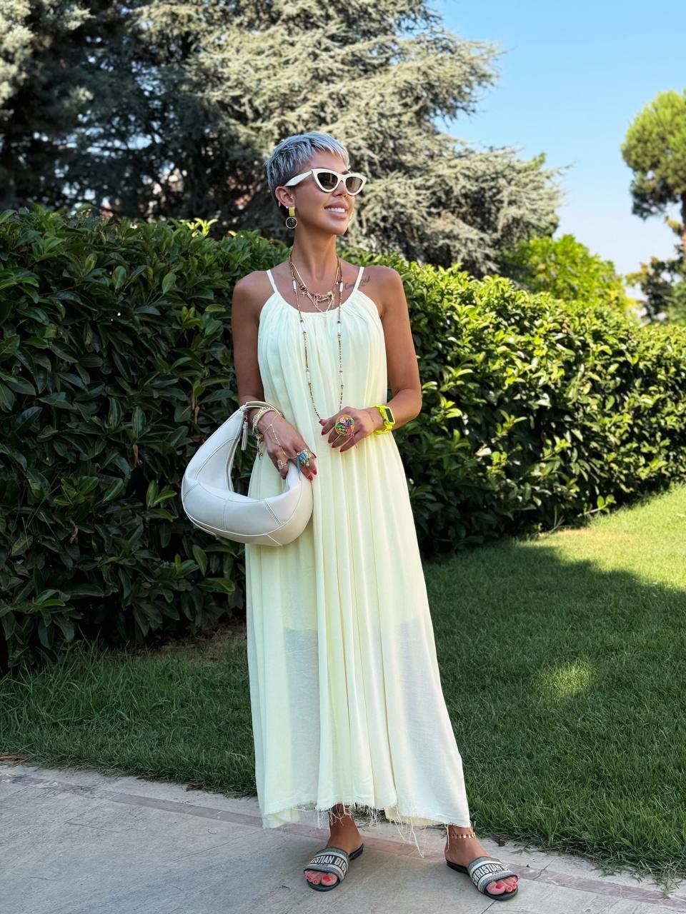 SOFT SARI NATURAL KESİM ASKILI SALAŞ ELBİSE