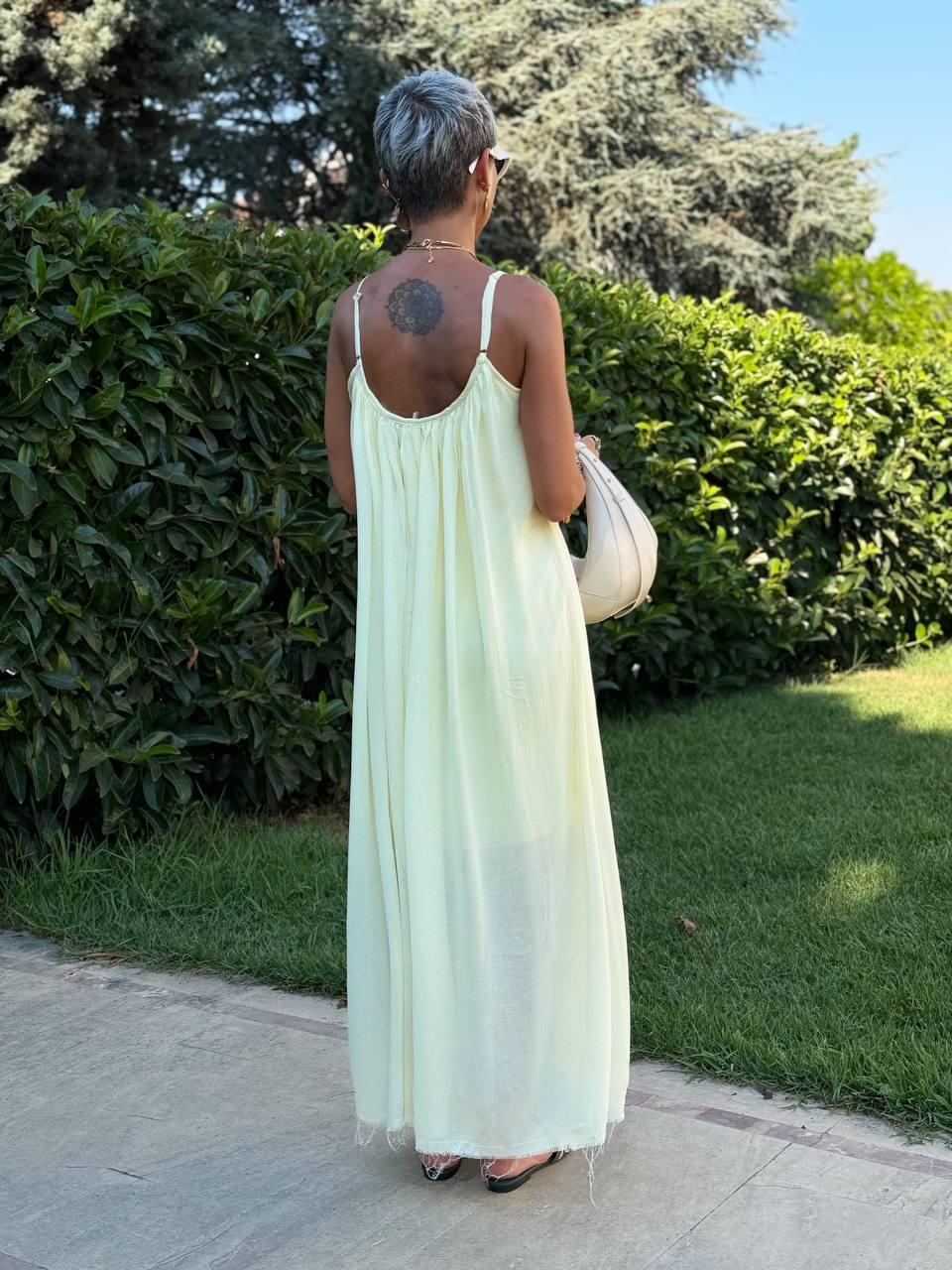 SOFT SARI NATURAL KESİM ASKILI SALAŞ ELBİSE