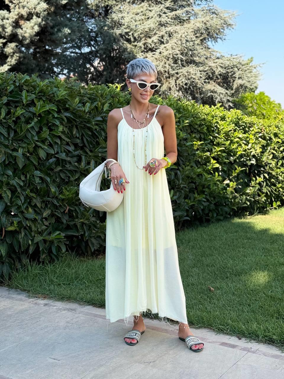 SOFT SARI NATURAL KESİM ASKILI SALAŞ ELBİSE