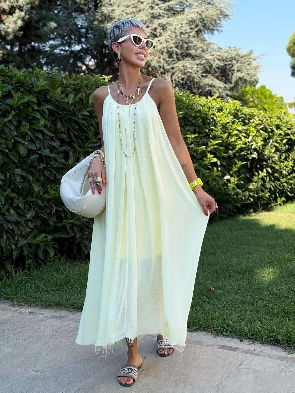 SOFT SARI NATURAL KESİM ASKILI SALAŞ ELBİSE