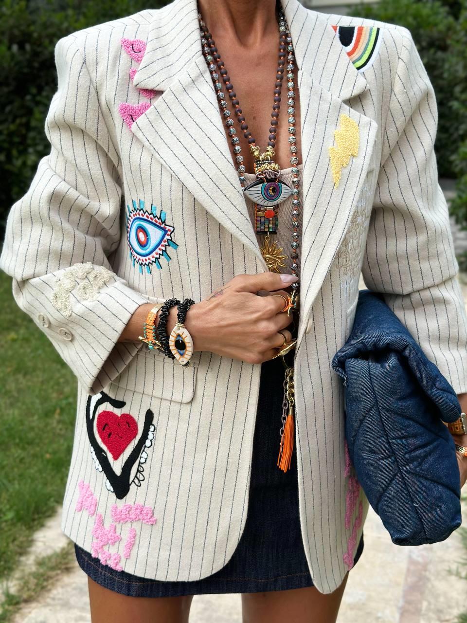 TAŞ ÇİZGİLİ PUNCH NAKIŞLI BLAZER CEKET