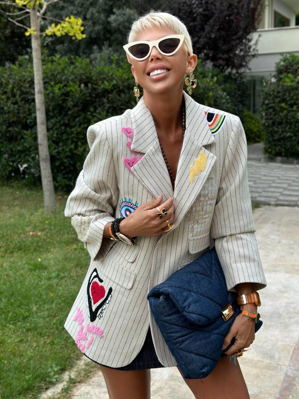 TAŞ ÇİZGİLİ PUNCH NAKIŞLI BLAZER CEKET