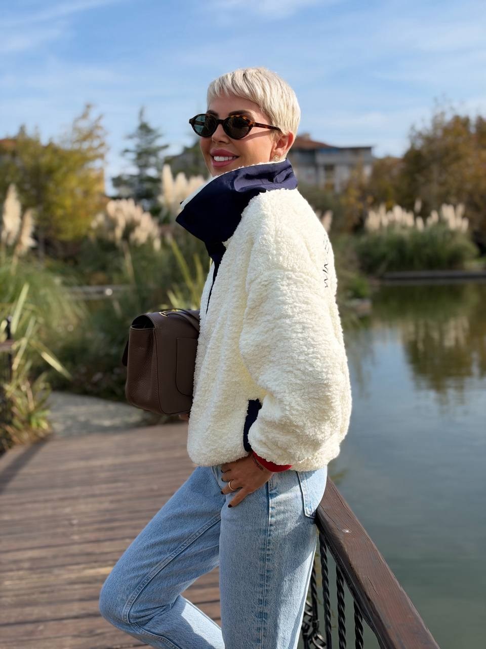 Teddy Punch Detay Polar Sweatshirt Ekru