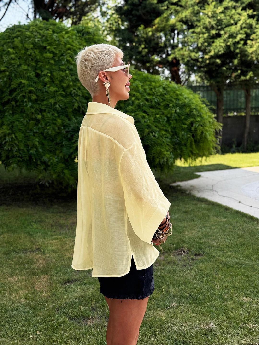 TEREYAĞ SARI OVERSIZE İPEKSİ GÖMLEK