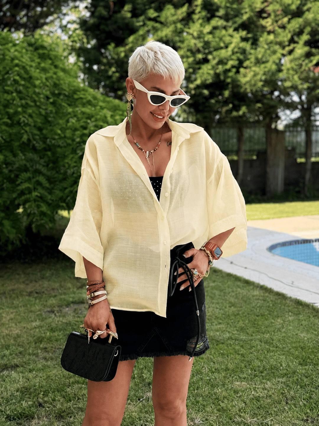 TEREYAĞ SARI OVERSIZE İPEKSİ GÖMLEK