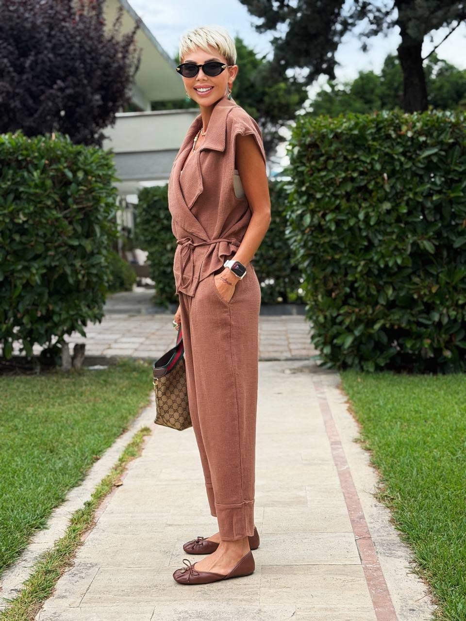 Yelek Pantolon Keten Takım - Mocha