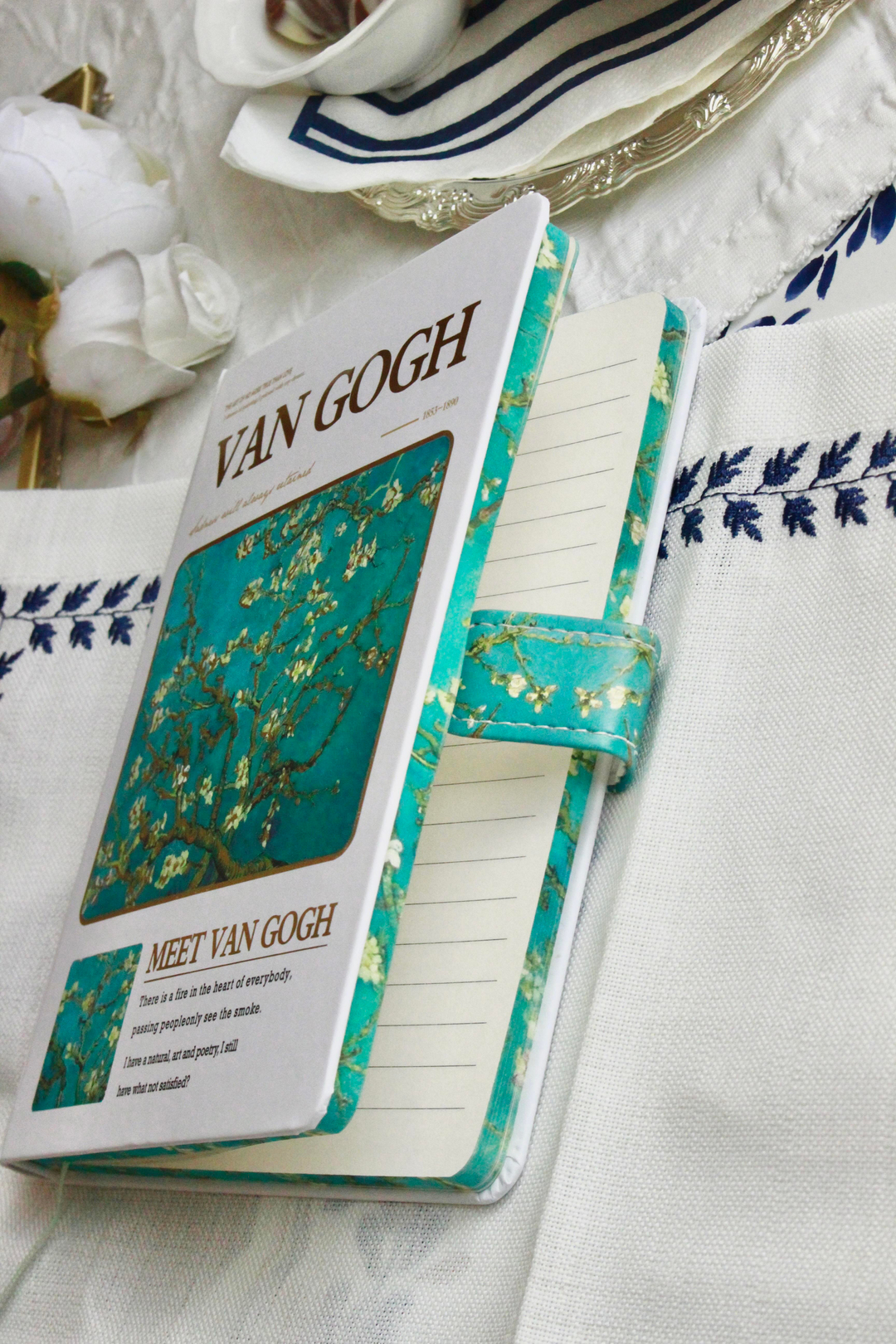 Nova Crafs Van Gogh Badem Ağacı Çizgili Beyaz Kapak Mıknatıslı Defter