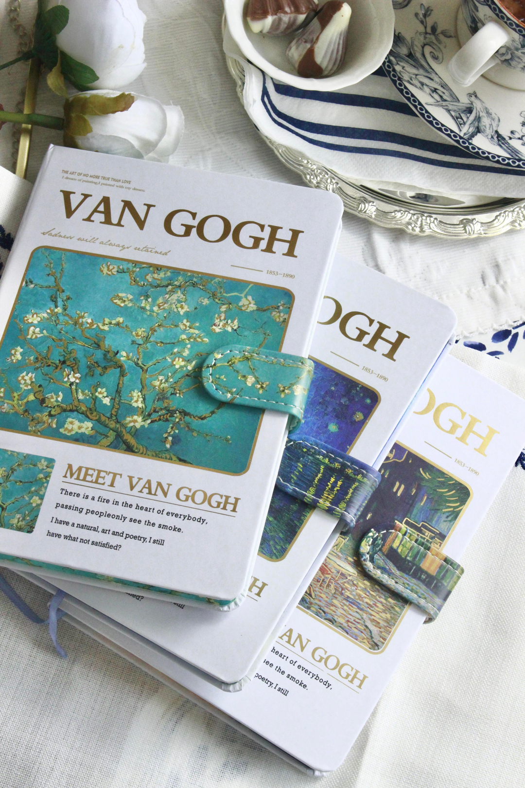 Nova Crafs Van Gogh Badem Ağacı Çizgili Beyaz Kapak Mıknatıslı Defter