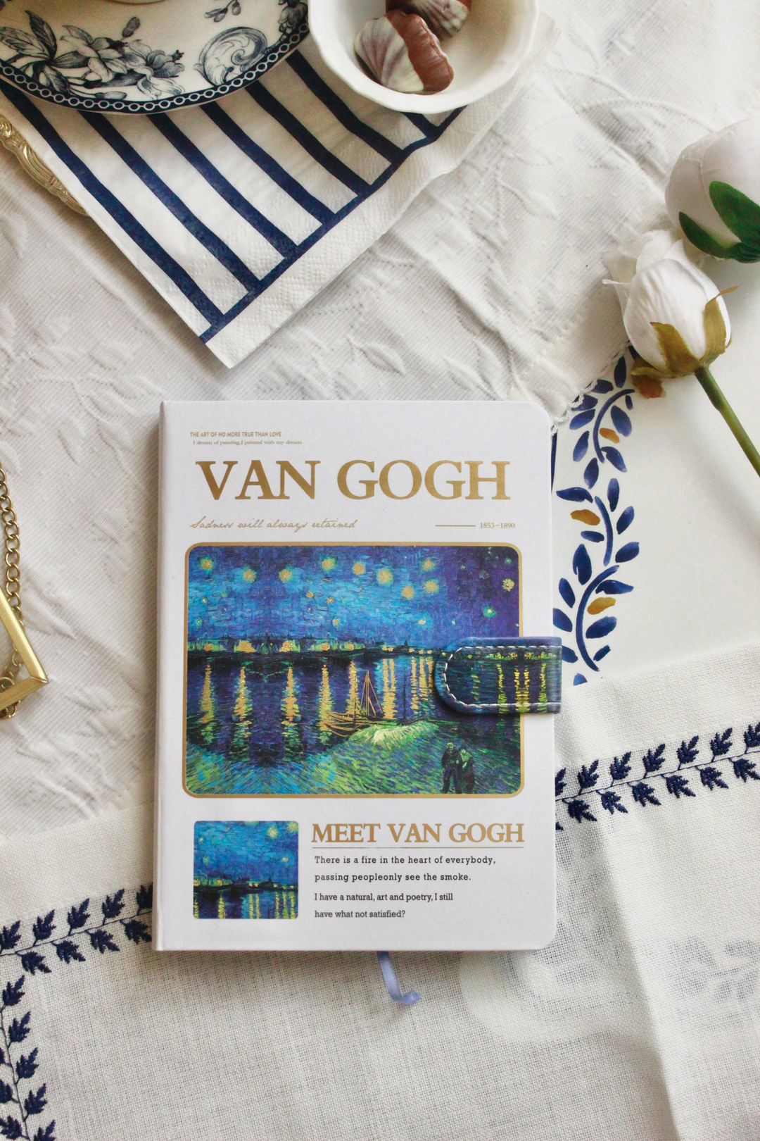 Nova Crafs Van Gogh Rhone Çizgili Beyaz Kapak Mıknatıslı Defter
