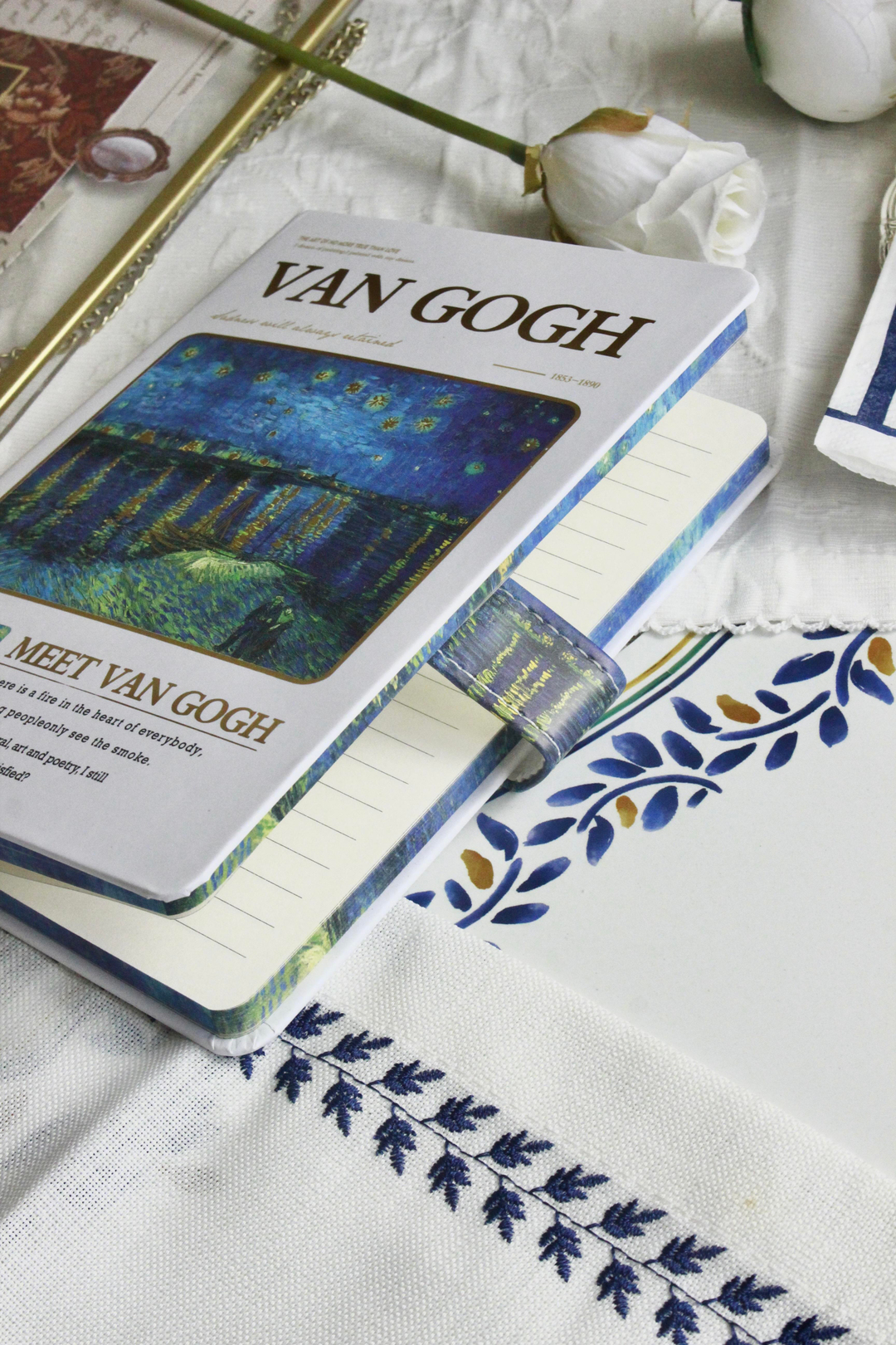 Nova Crafs Van Gogh Rhone Çizgili Beyaz Kapak Mıknatıslı Defter