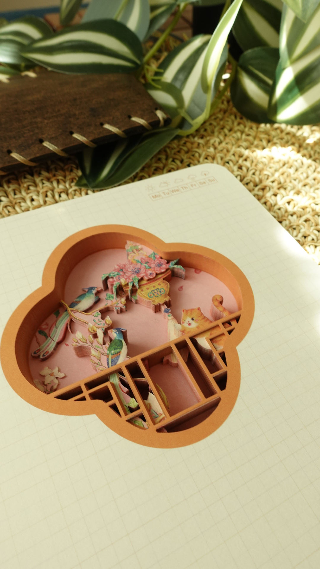 Nova Crafts Diorama 3D Katmanlı Defter Tatlı Kedi ve Kuş Temalı Pembe Kareli Defter 80 Yaprak A5