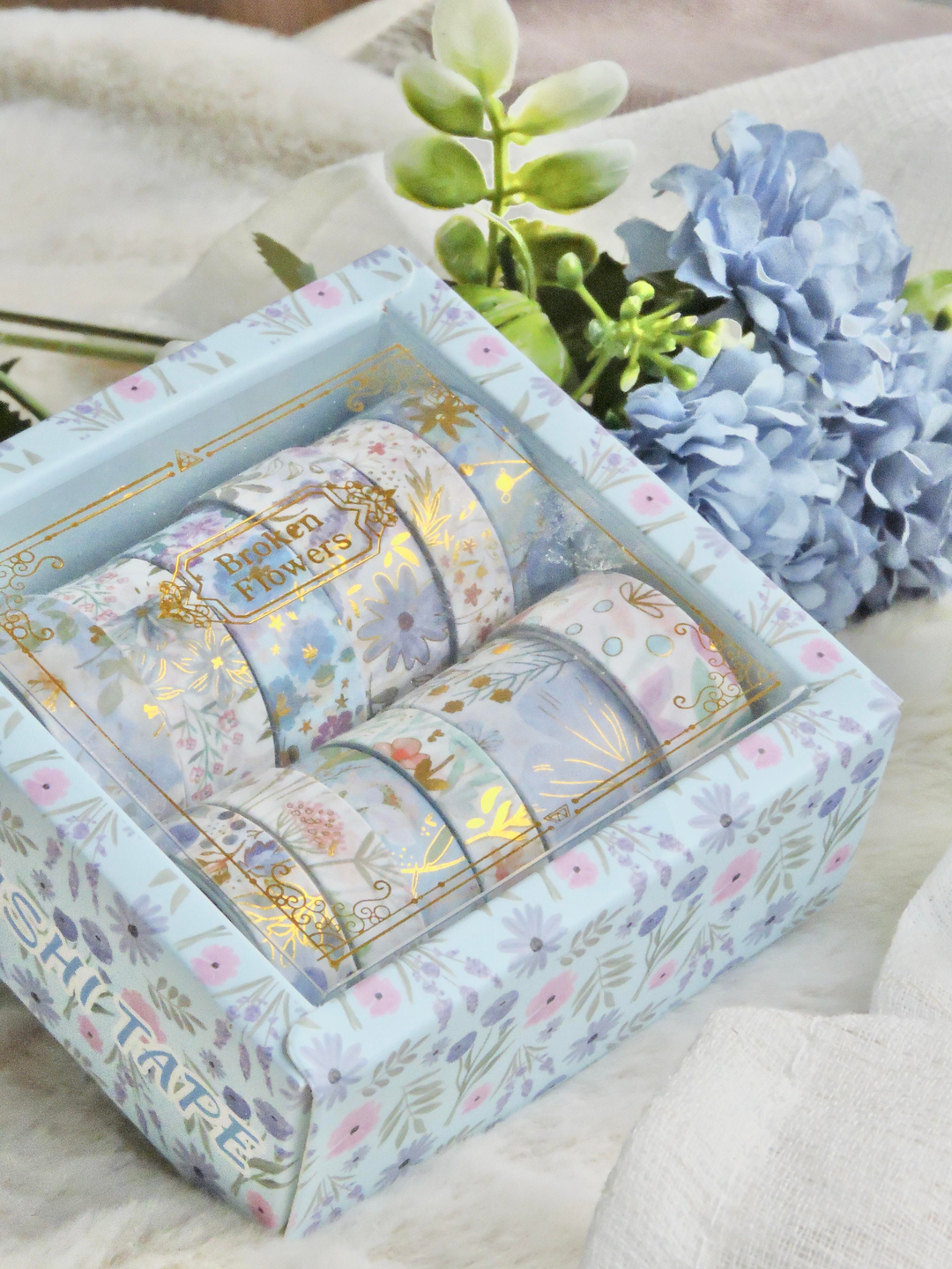 Nova Crafts Mavi Kutu Çiçekler Temalı Yaldızlı Washitape Seti ( 12 Adet Washitape )