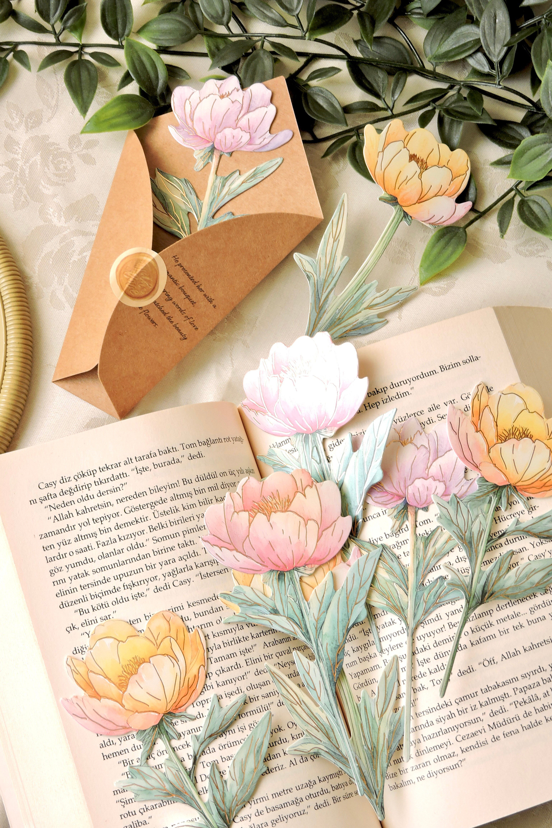Nova Crafts Şakayık Buketi Peony Çiçekli Dekoratif Kağıt - Kitap Ayracı 10 adet