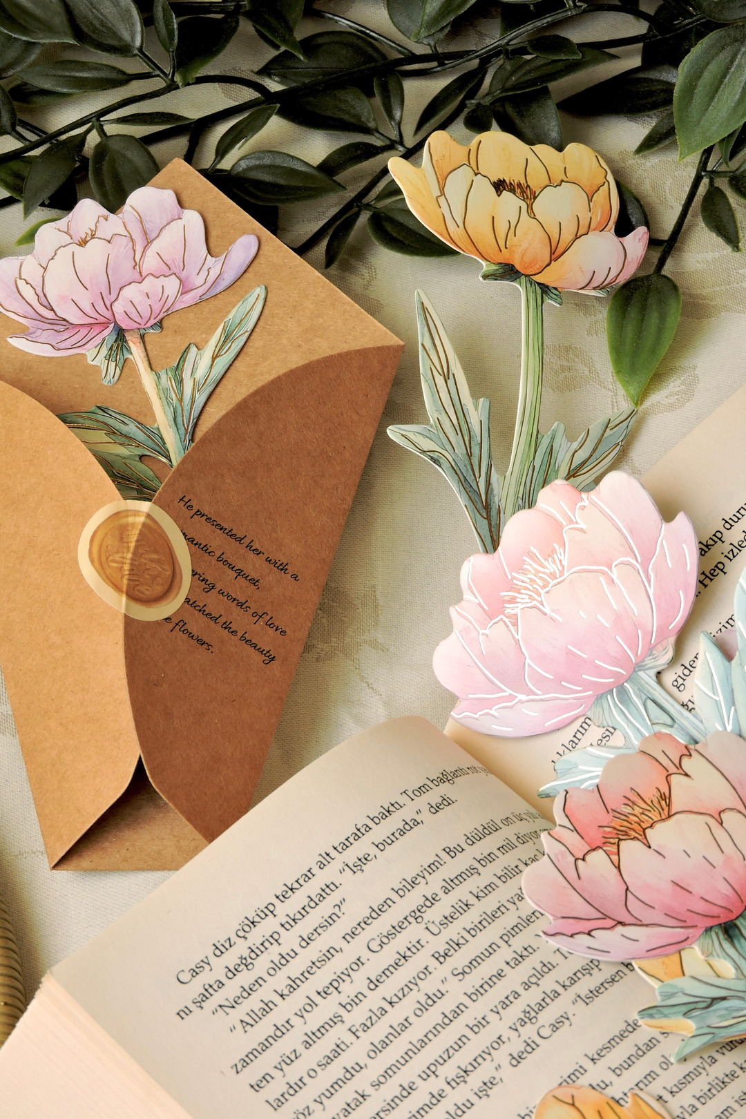 Nova Crafts Şakayık Buketi Peony Çiçekli Dekoratif Kağıt - Kitap Ayracı 10 adet