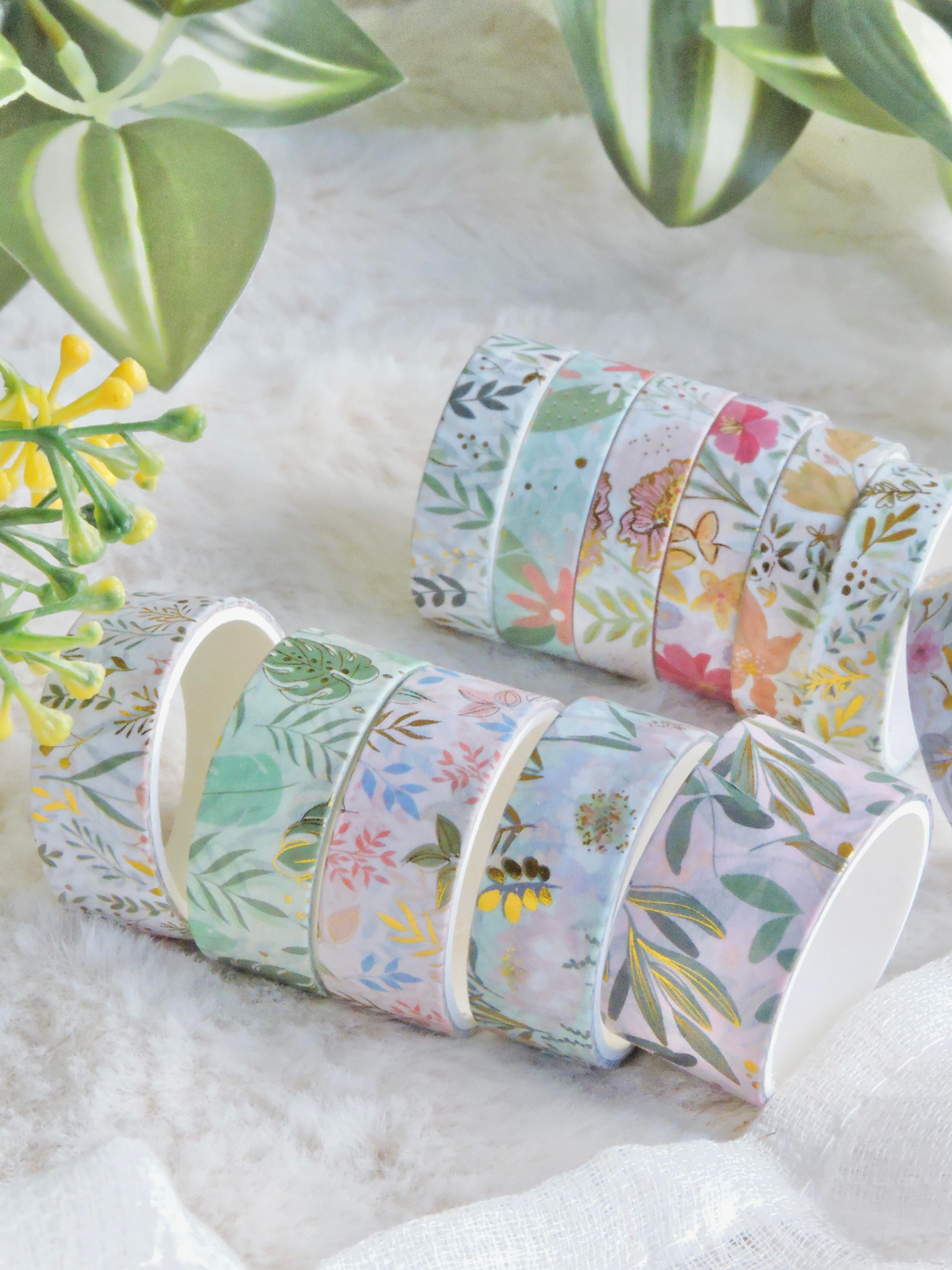 Nova Crafts Yeşil Kutu Çiçekler Temalı Yaldızlı Washitape Seti ( 12 Adet Washitape )