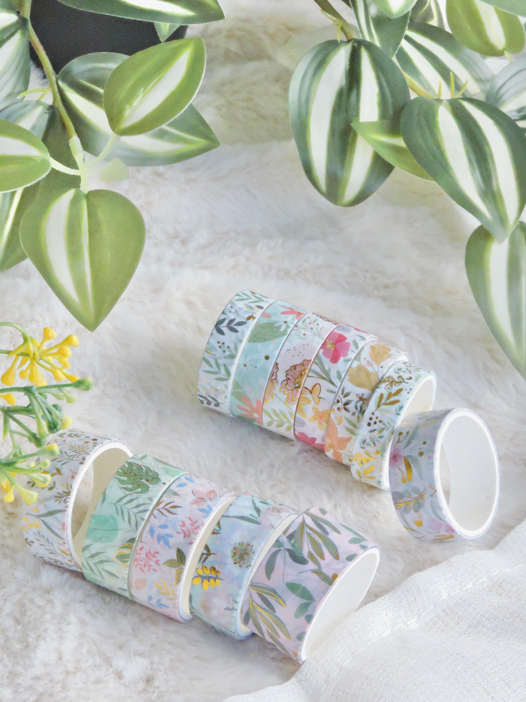 Nova Crafts Yeşil Kutu Çiçekler Temalı Yaldızlı Washitape Seti ( 12 Adet Washitape )