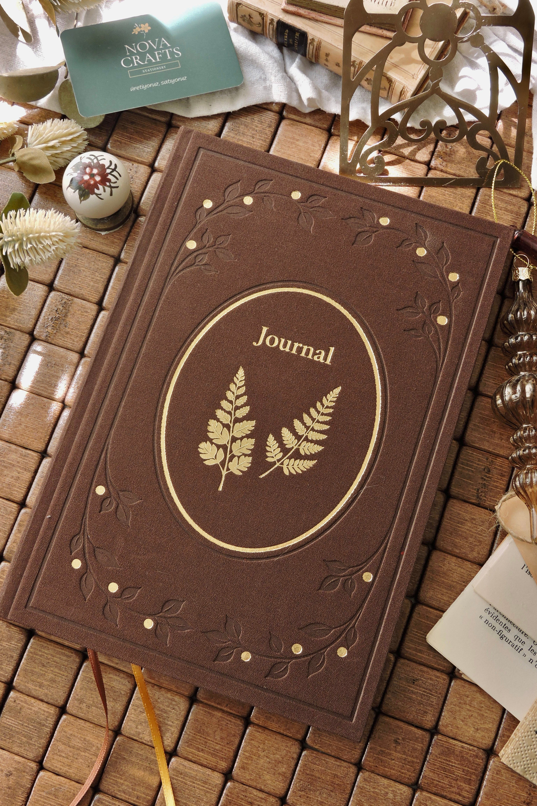 Nova Crafts Zarafet Serisi |  Kahverengi Yaldızlı Keten Çizgili Journal Defter  