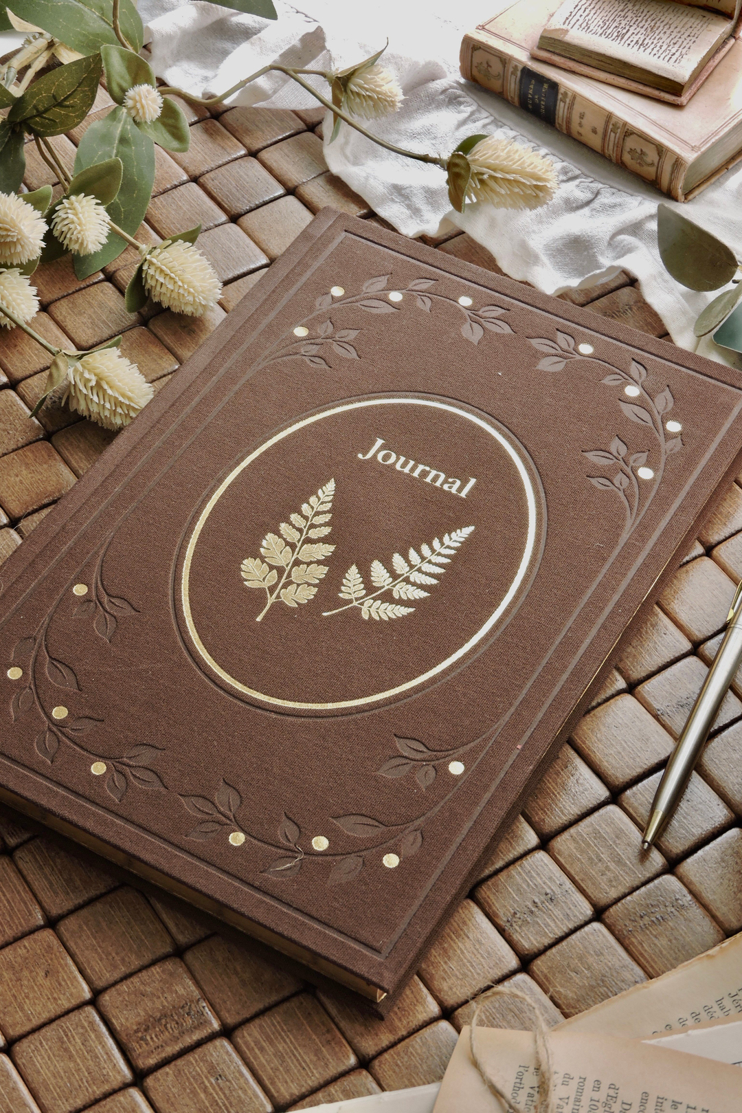 Nova Crafts Zarafet Serisi |  Kahverengi Yaldızlı Keten Çizgili Journal Defter  