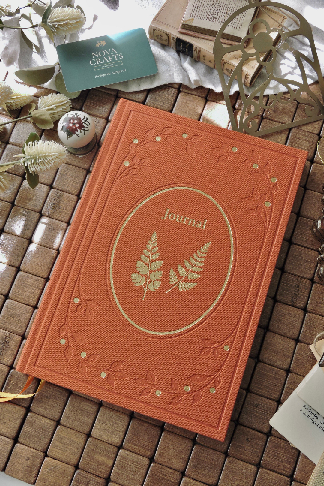 Nova Crafts Zarafet Serisi |  Turuncu Yaldızlı Keten Çizgili Defter  