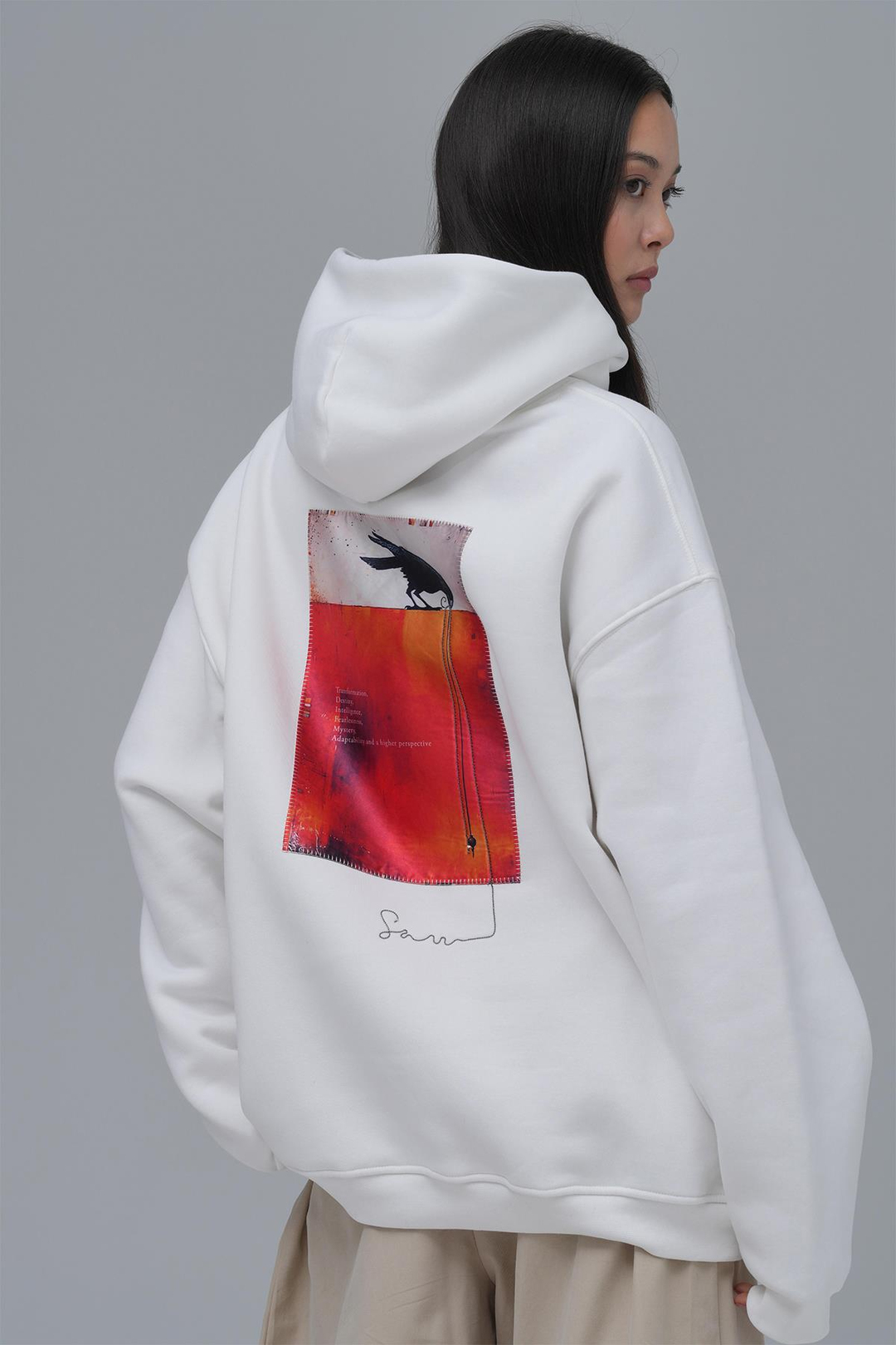 Crow of Transformation Oversize Sweatshirt Kadın Ekru