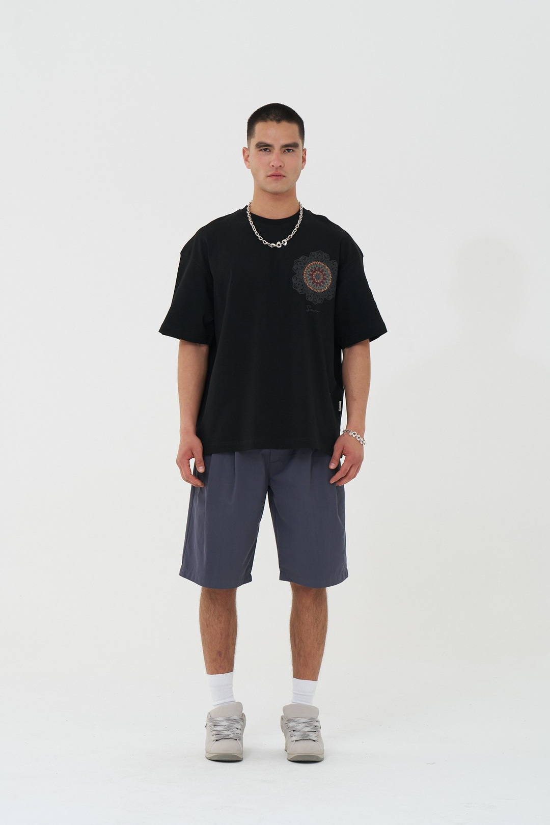 Mandala Aura Oversize Erkek Tişört Siyah