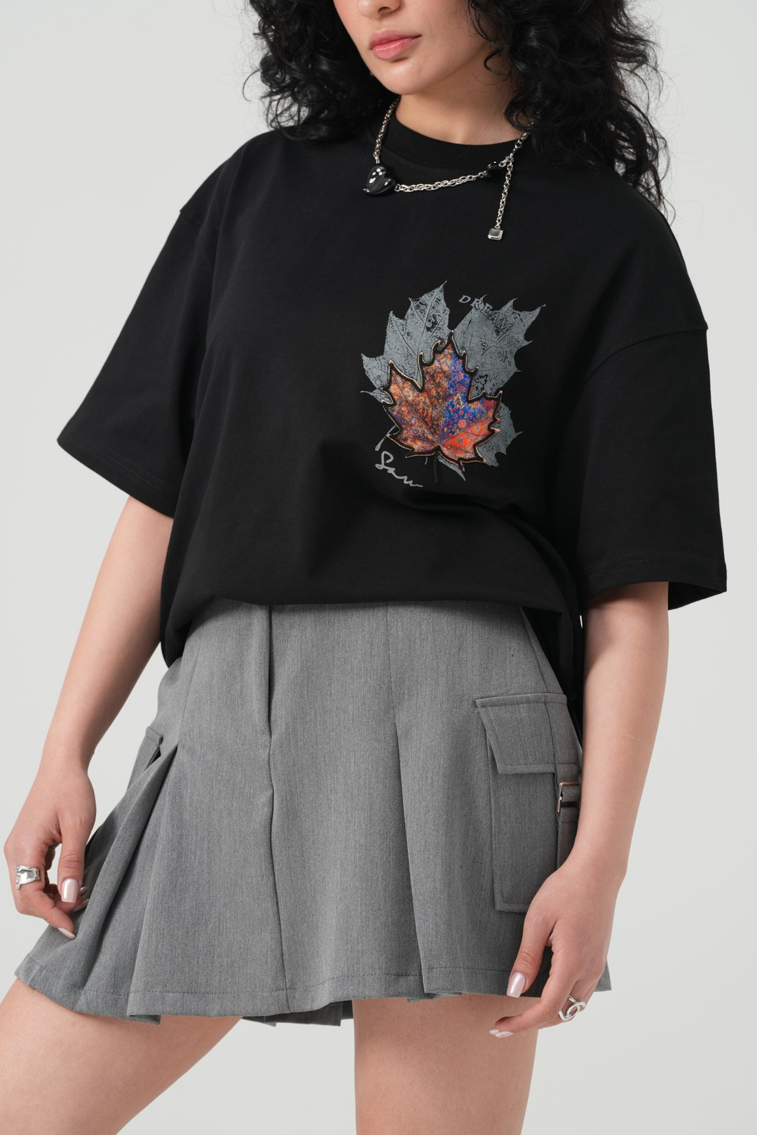 Maple Dream Oversize Kadın Tişört Siyah