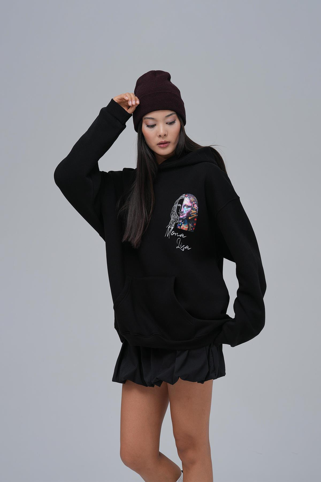 Mona Lisa Shooting Star Oversize Sweatshirt Kadın Siyah