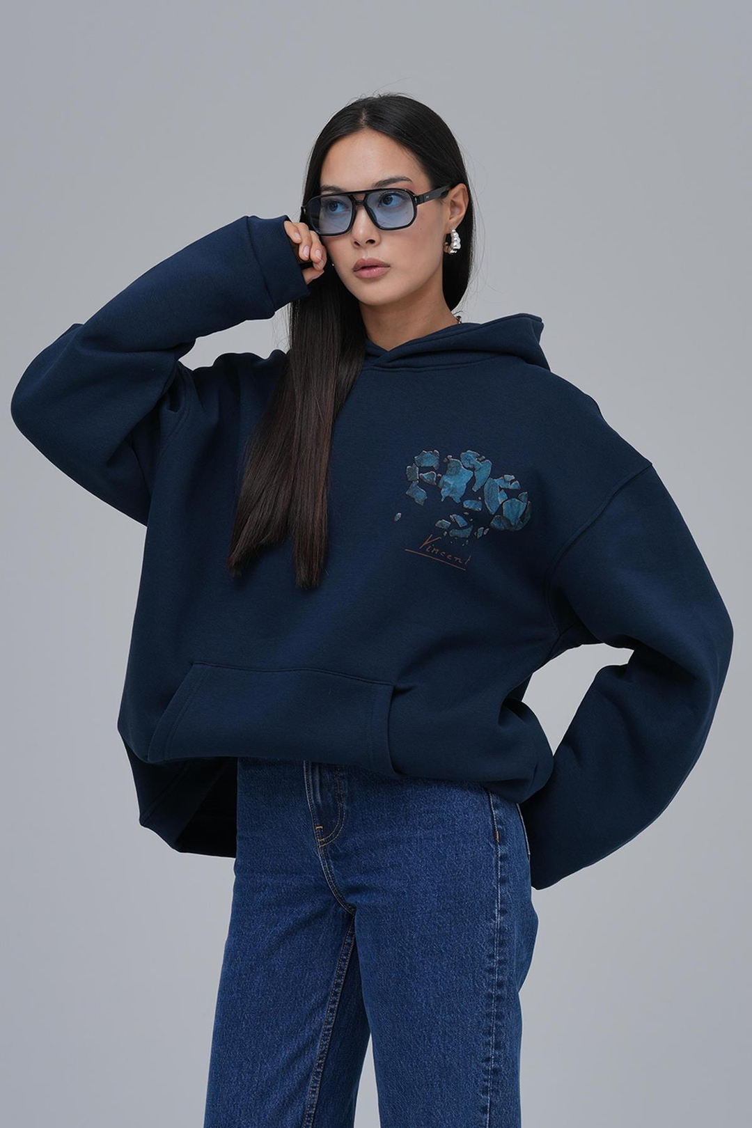 Mosaic Portrait Oversize Sweatshirt Kadın İndigo