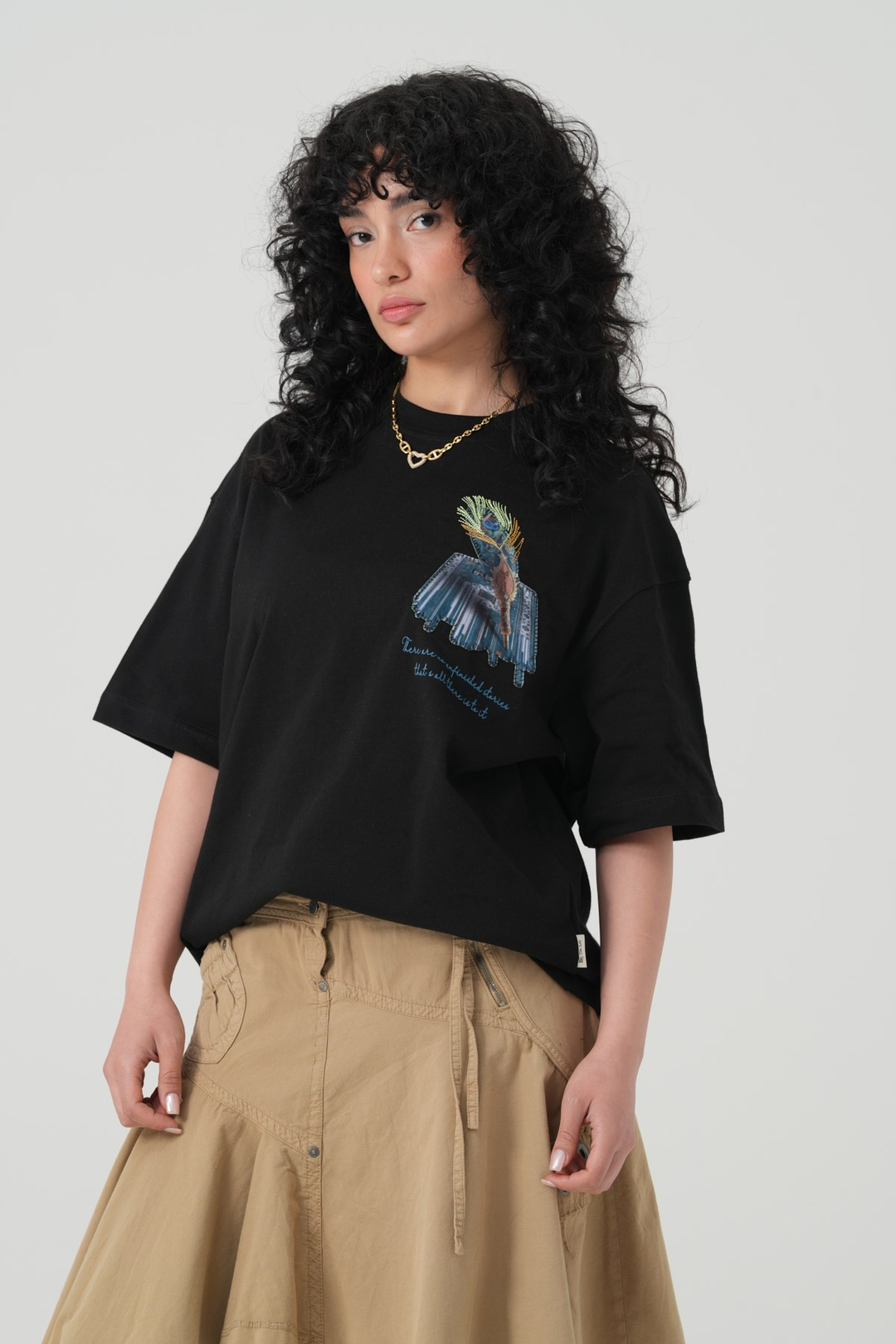 Peacock Quill Oversize Kadın Tişört Siyah