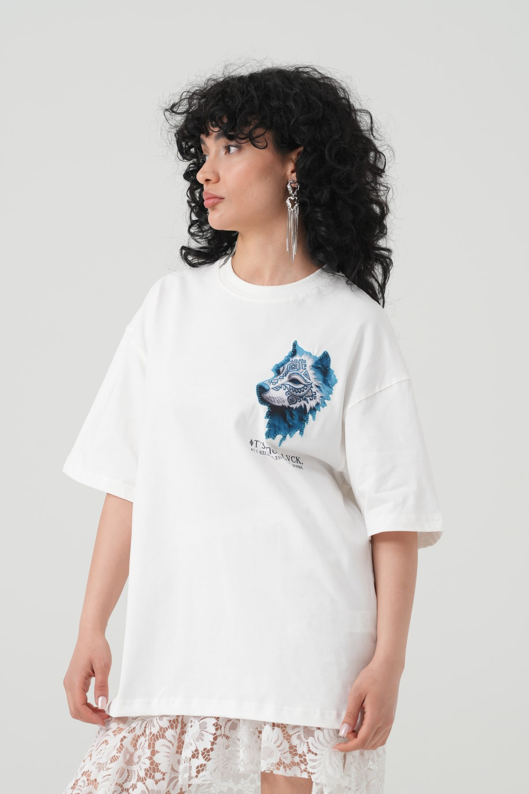 Relentless Wolf Oversize Kadın Tişört Ekru