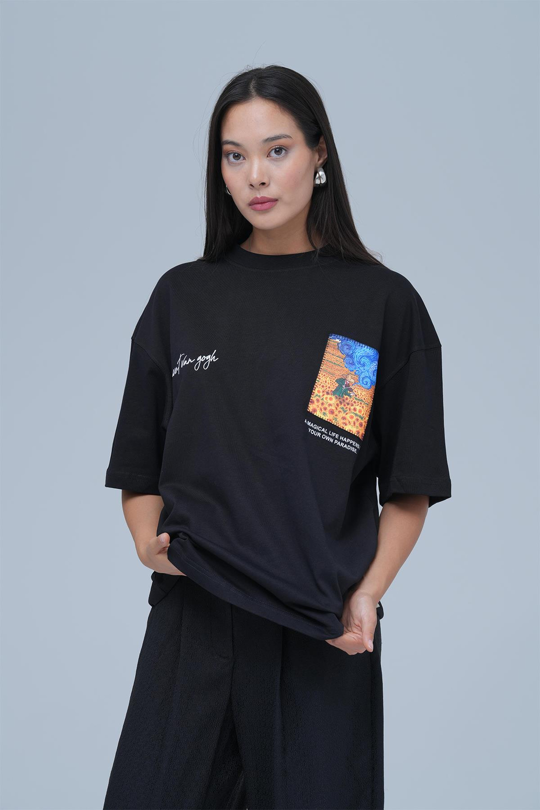 Starry Flow Oversize Tişört Kadın Siyah
