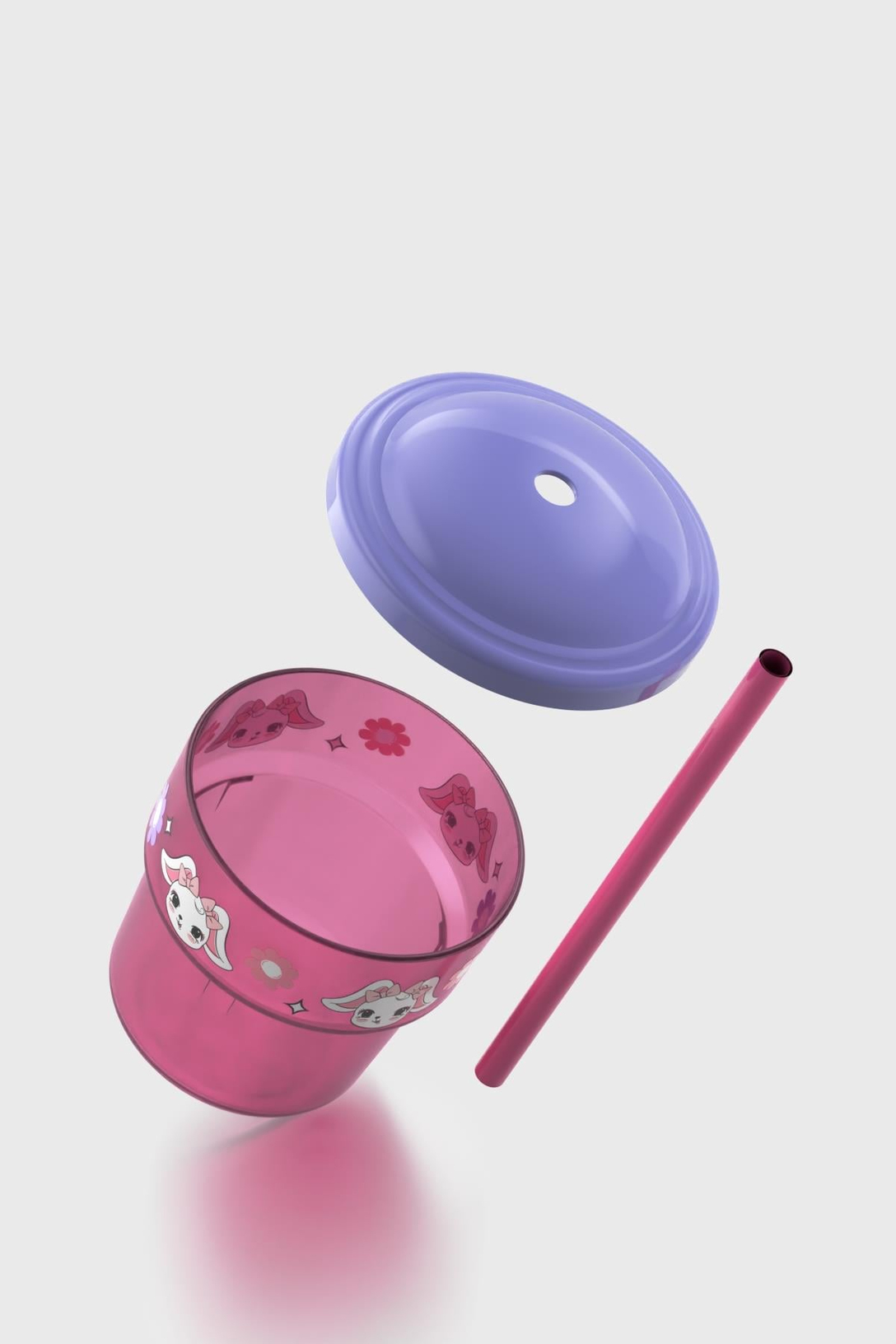 Renga Kai Beautiful Day Tavşan Desenli PP 3'lü Çocuk Seti Suluk, Pipetli Bardak ve Saklama Kabı 712008 Pembe